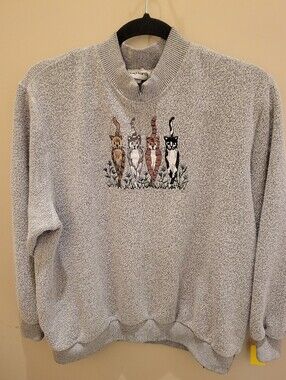 Vintage 90s Bon Worth Cats Sweater Embroidered Front Back Grandma Cottage Small